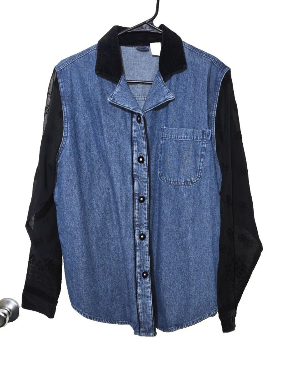 Vtg Zana Di Large Button Up Top Chambray Denim Sheer Paisley Embossed Button Up